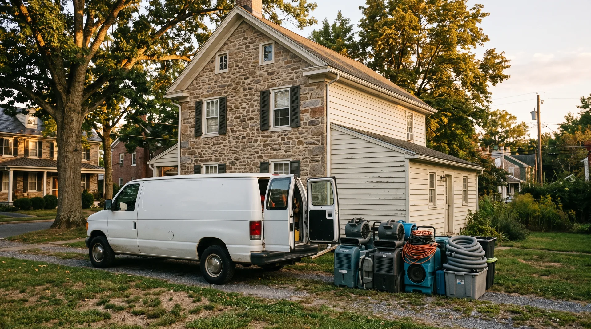Unmarked white work van and stacked remediation equipment parked beside a Gettysburg stone-and-clapboard house.