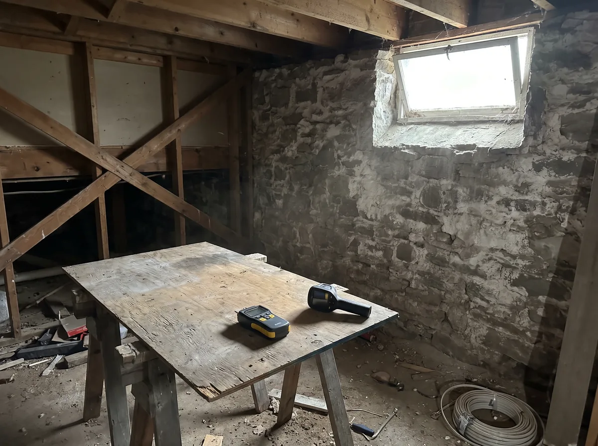 Unfinished stone basement with a moisture meter and infrared camera on a plywood work surface during a mold inspection.