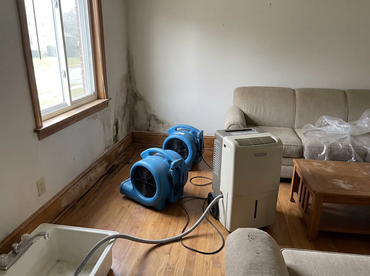 Air movers and a dehumidifier drying a water-damaged room in a Pennsylvania home.